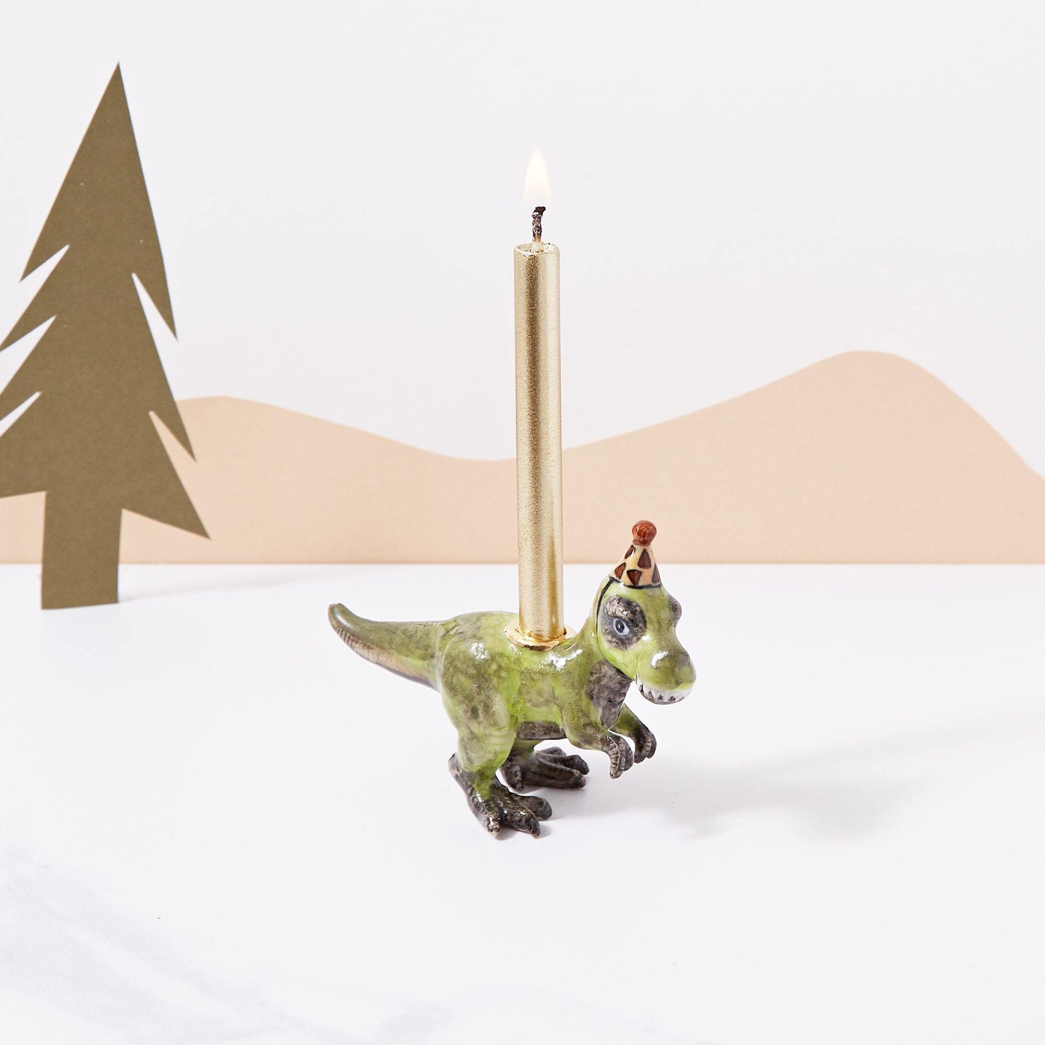 Camp Hollow T-Rex Birthday Candle Holder | Porcelain Cake Topper