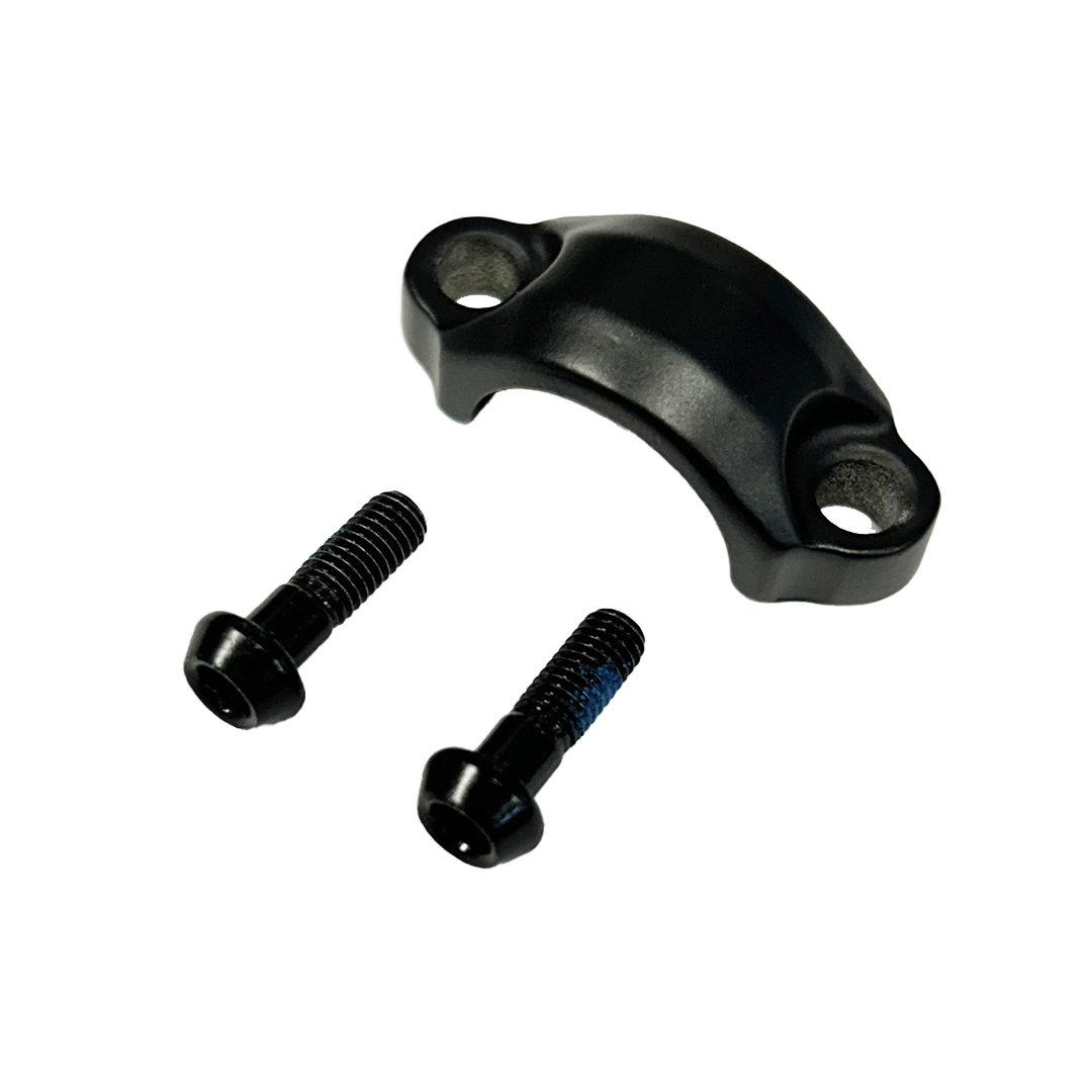 Black metal bracket with two screws on a white background