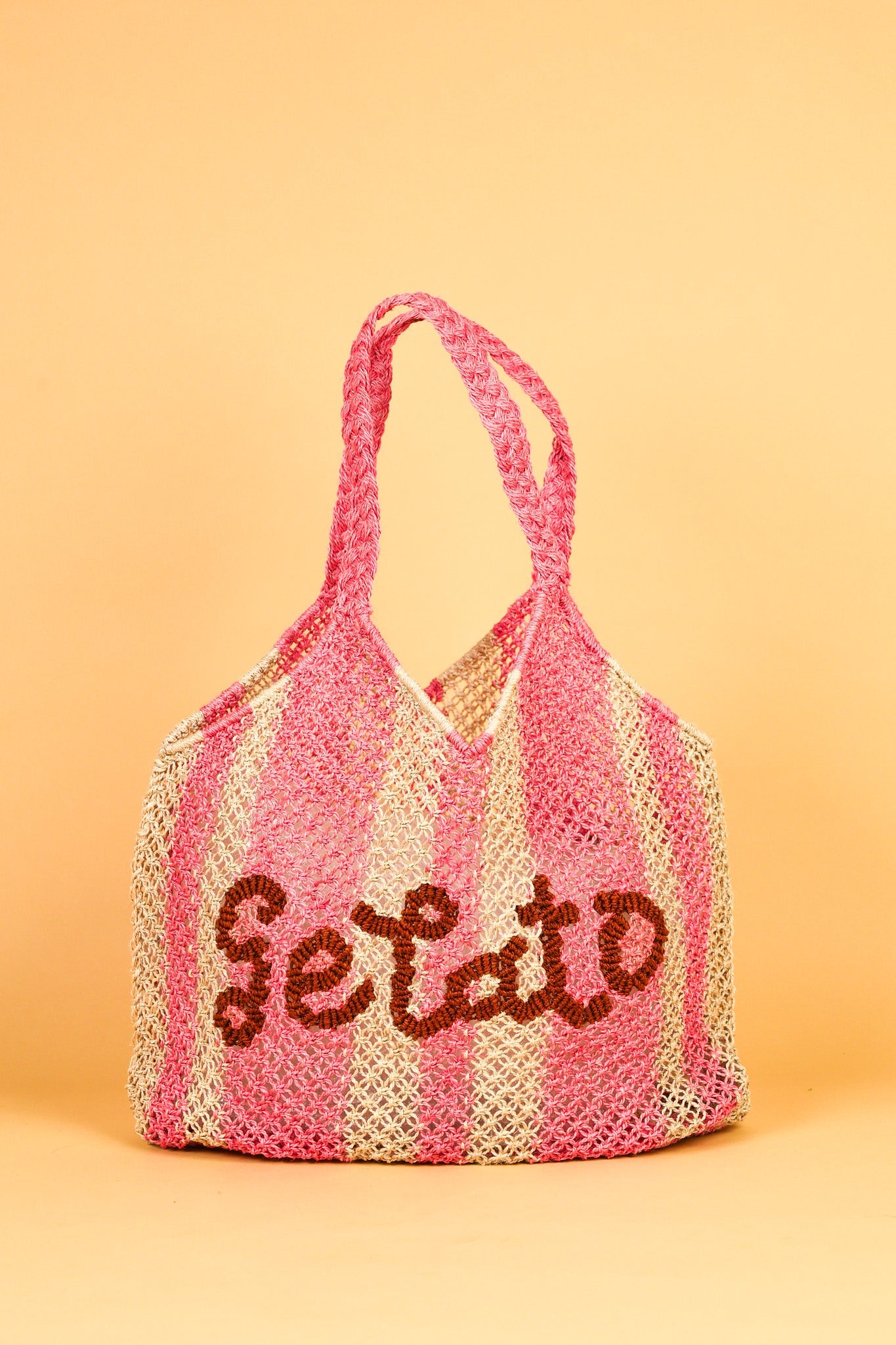 The Jacksons Gelato handmade jute tote bag featuring pink stripes and the signature Gelato design, perfect for summer outings, beach days, and everyday carry.