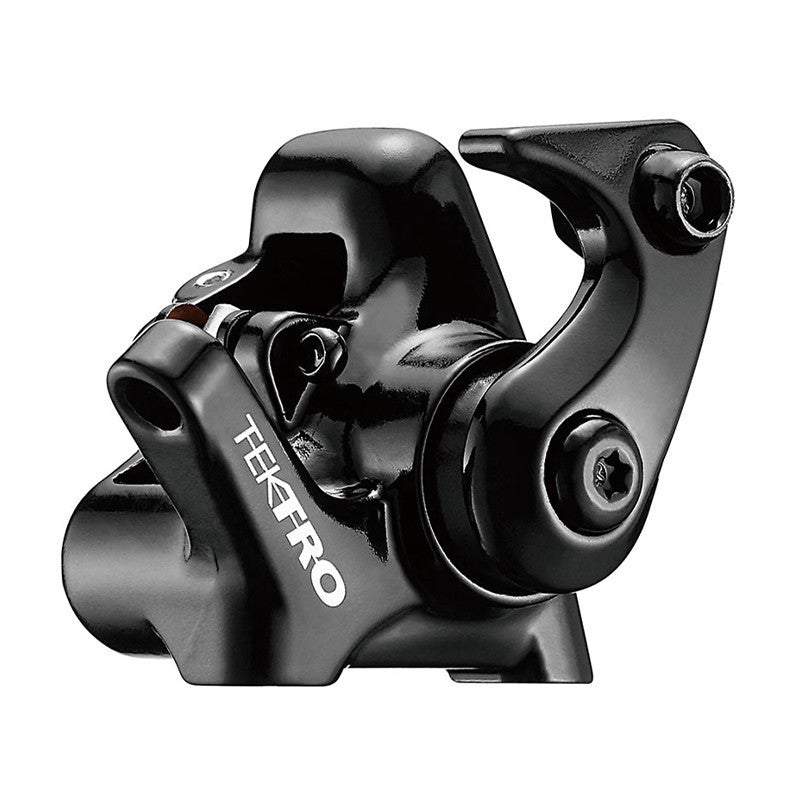 Black TEKTRO bicycle brake caliper on a white background