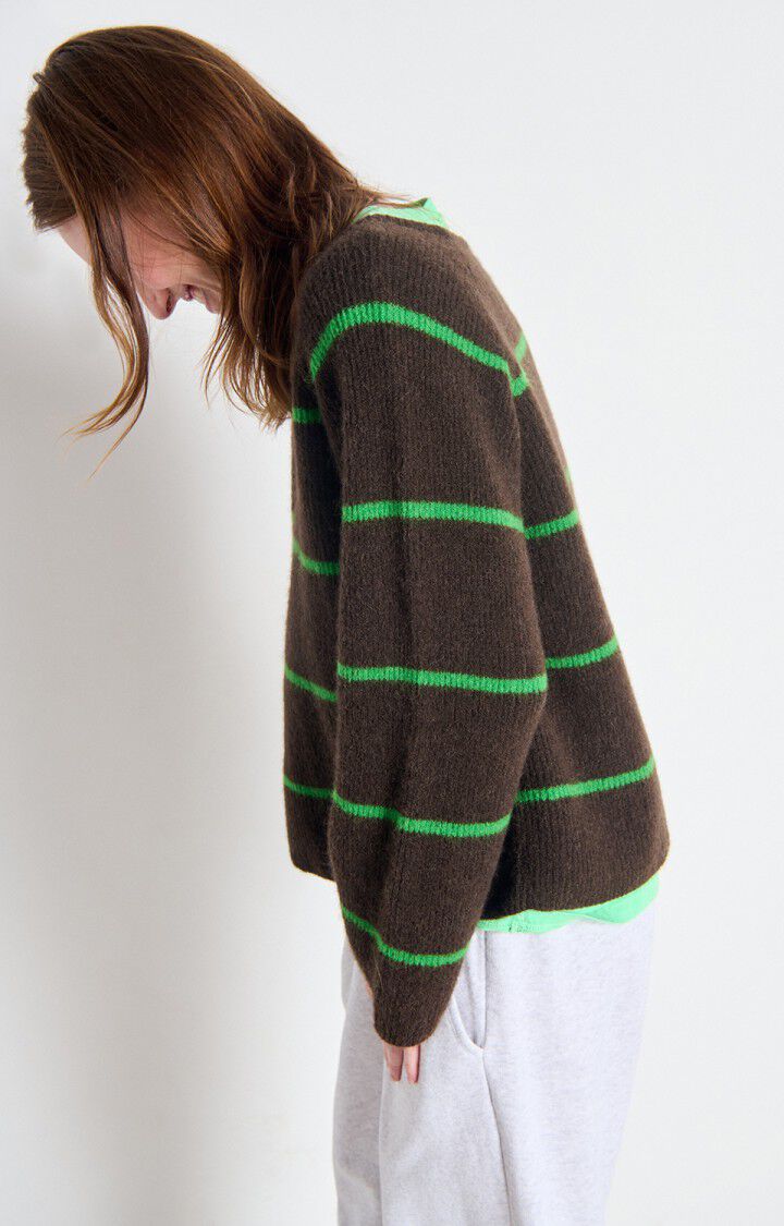 American Vintage Women’s Jumper Vitow – Marled Coffee with Clover Stripes Alpaca Wool Sweater American Vintage