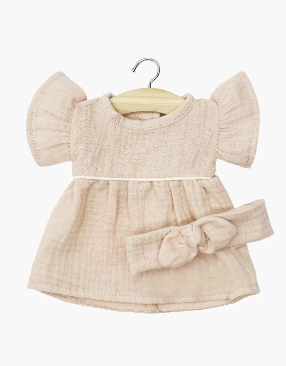 Minikane Daisy Doll Dress & Bow Headband in Natural Cotton Gauze