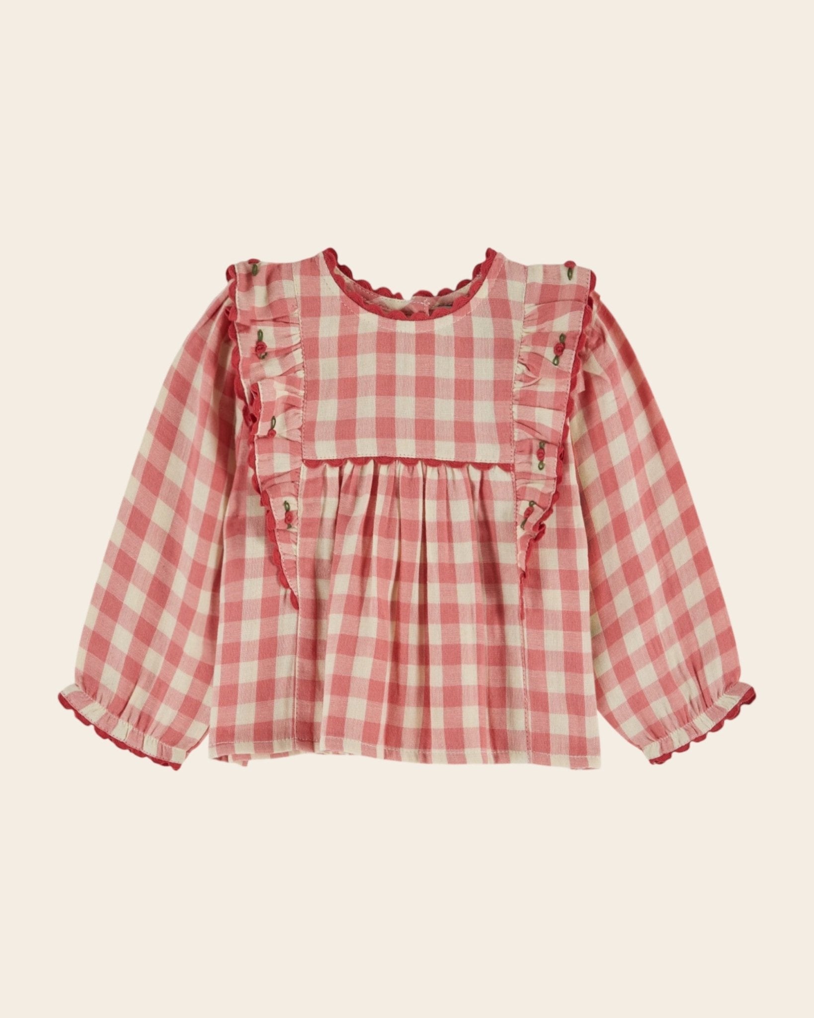 Emile et Ida Gingham Ruffled Blouse – Pink & Ecru Cotton Top for Baby & Girl Emile et ida