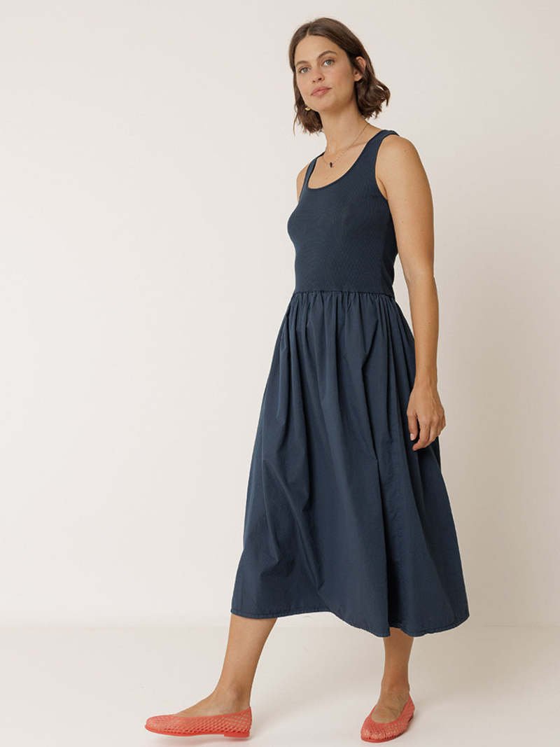 Indi & Cold Navy Poplin Midi Dress – Ribbed Bodice Cotton INDI&COLD