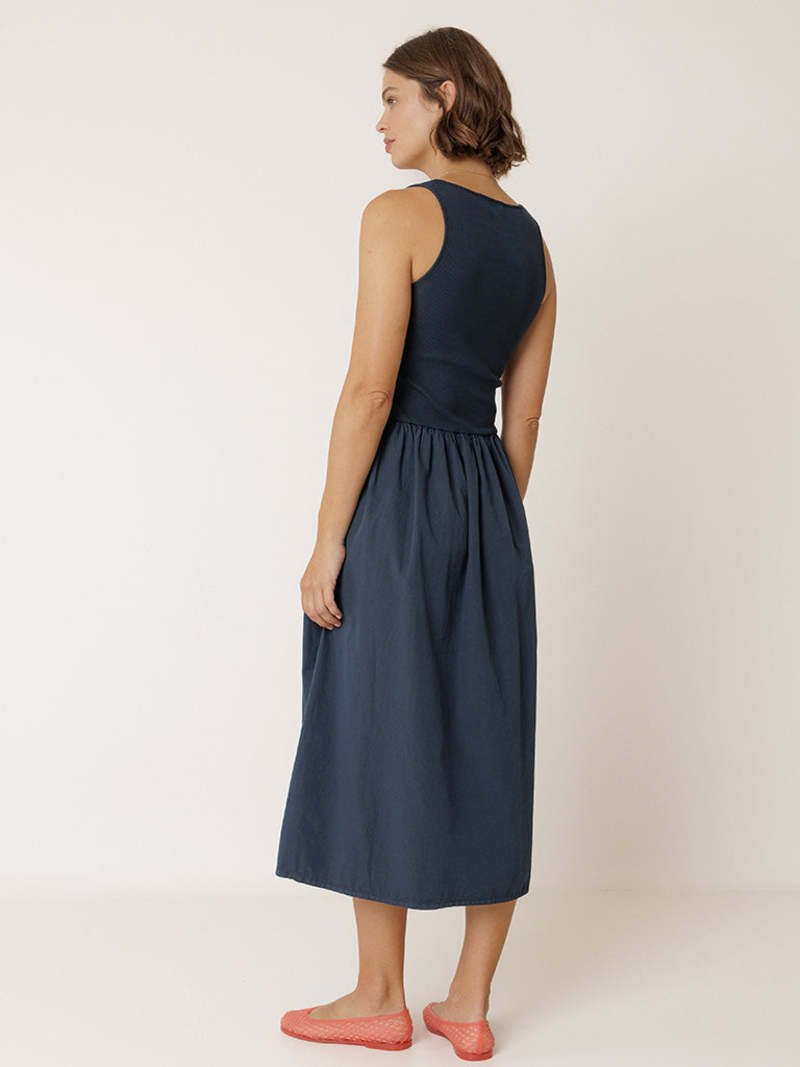 Indi & Cold Navy Poplin Midi Dress – Ribbed Bodice Cotton INDI&COLD