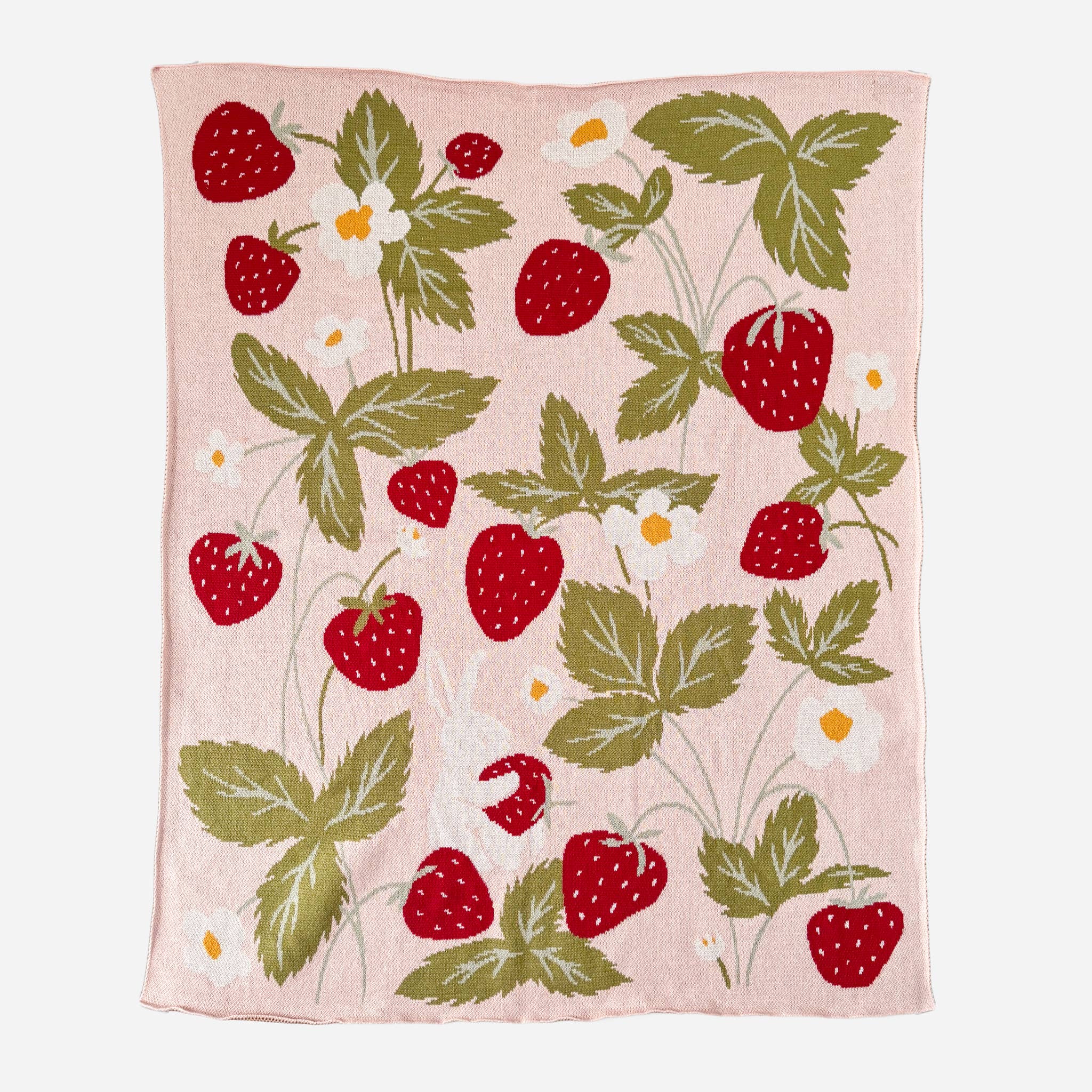 The Blueberry Hill Strawberry Bunny baby blanket with strawberry print