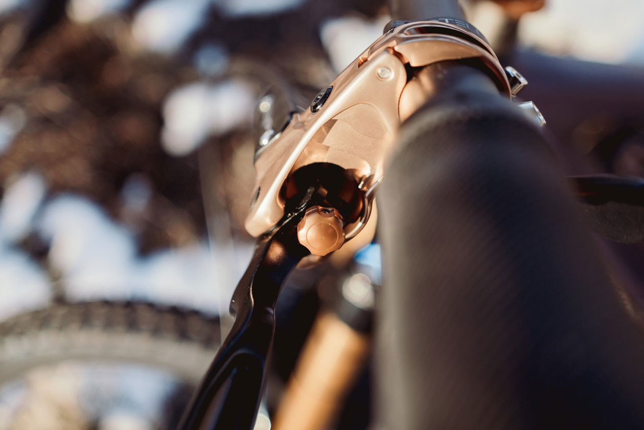 TRP brake system action photography for mountain bike riding and trail performance demonstration"