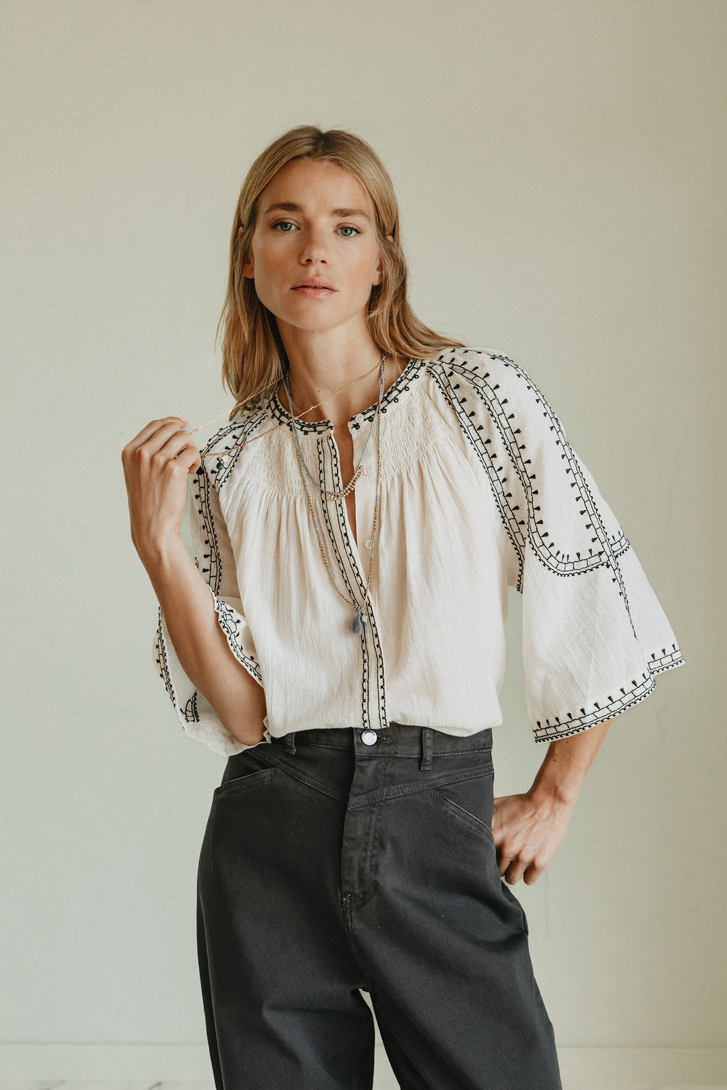 Indi & Cold Bell-Sleeve Shirt-Ecru