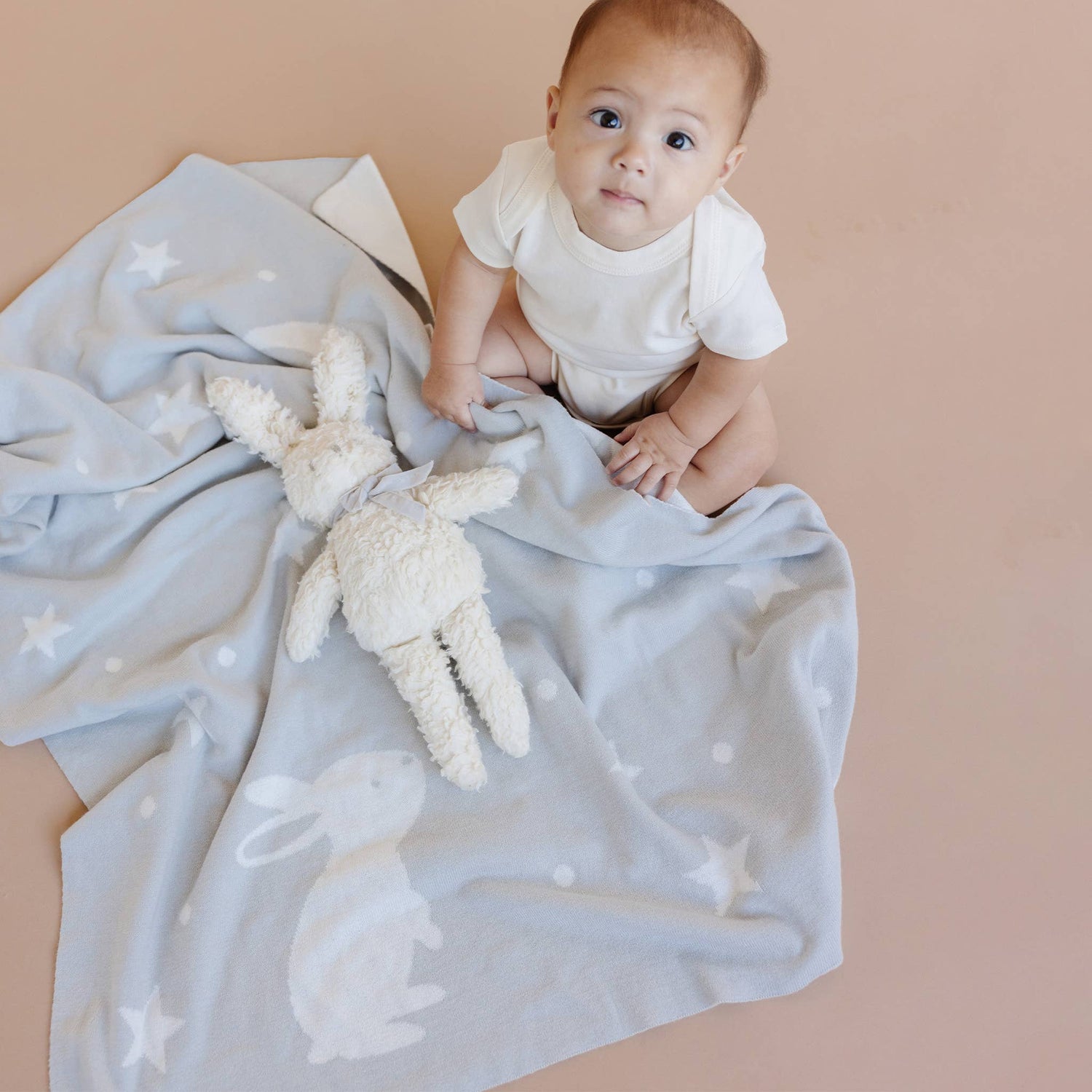 The Blueberry Hill - Set Star Moon Bunny Blanket Lovey Gift Baby Shower Organic: Blanket + Cream Lovey