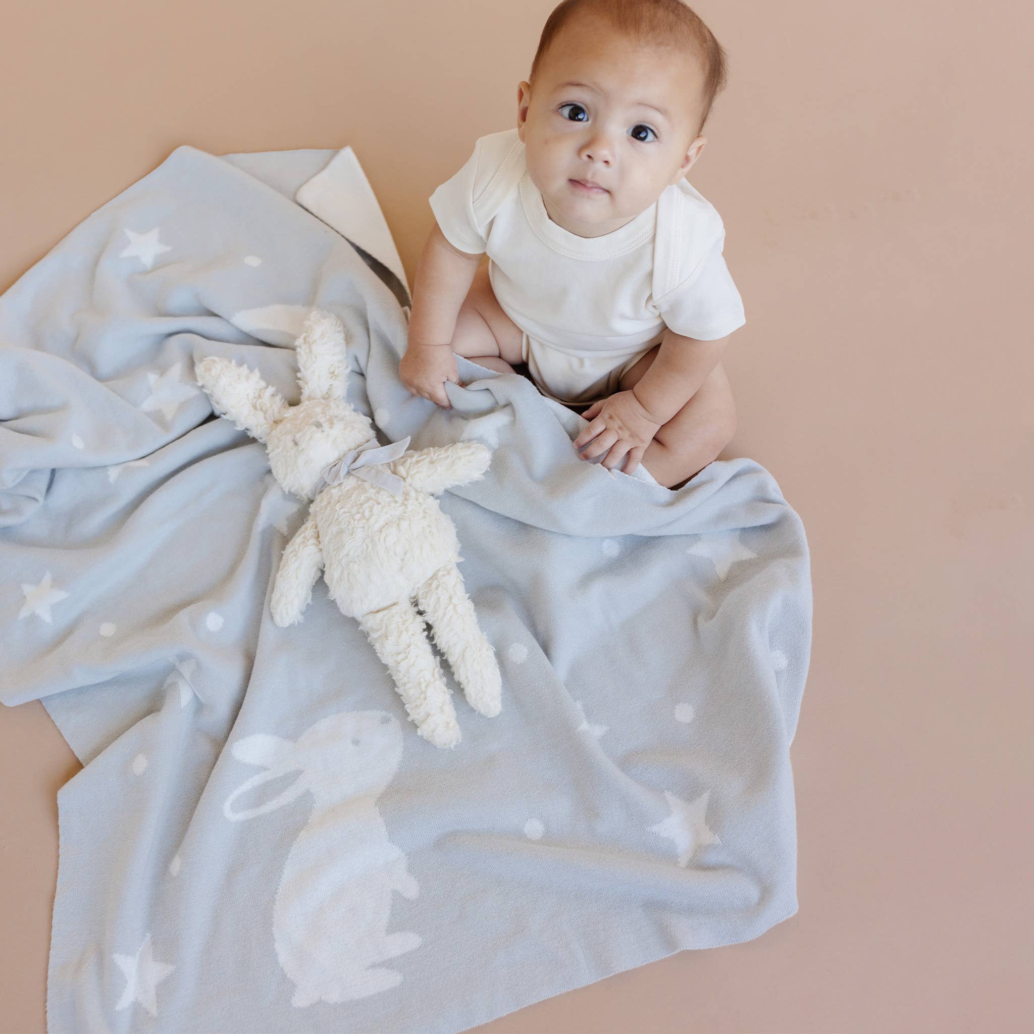 The Blueberry Hill - Set Star Moon Bunny Blanket Lovey Gift Baby Shower Organic: Blanket + Cream Lovey