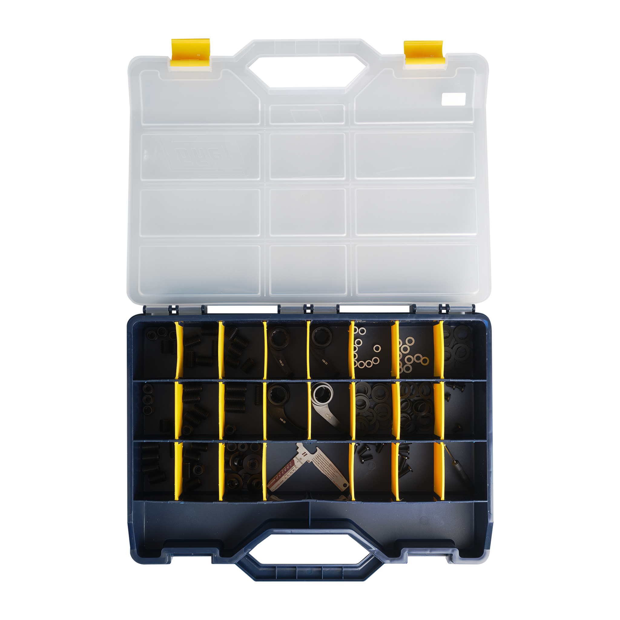 Toolbox with bicycle compartments open, displaying tools and hardware on a white background.