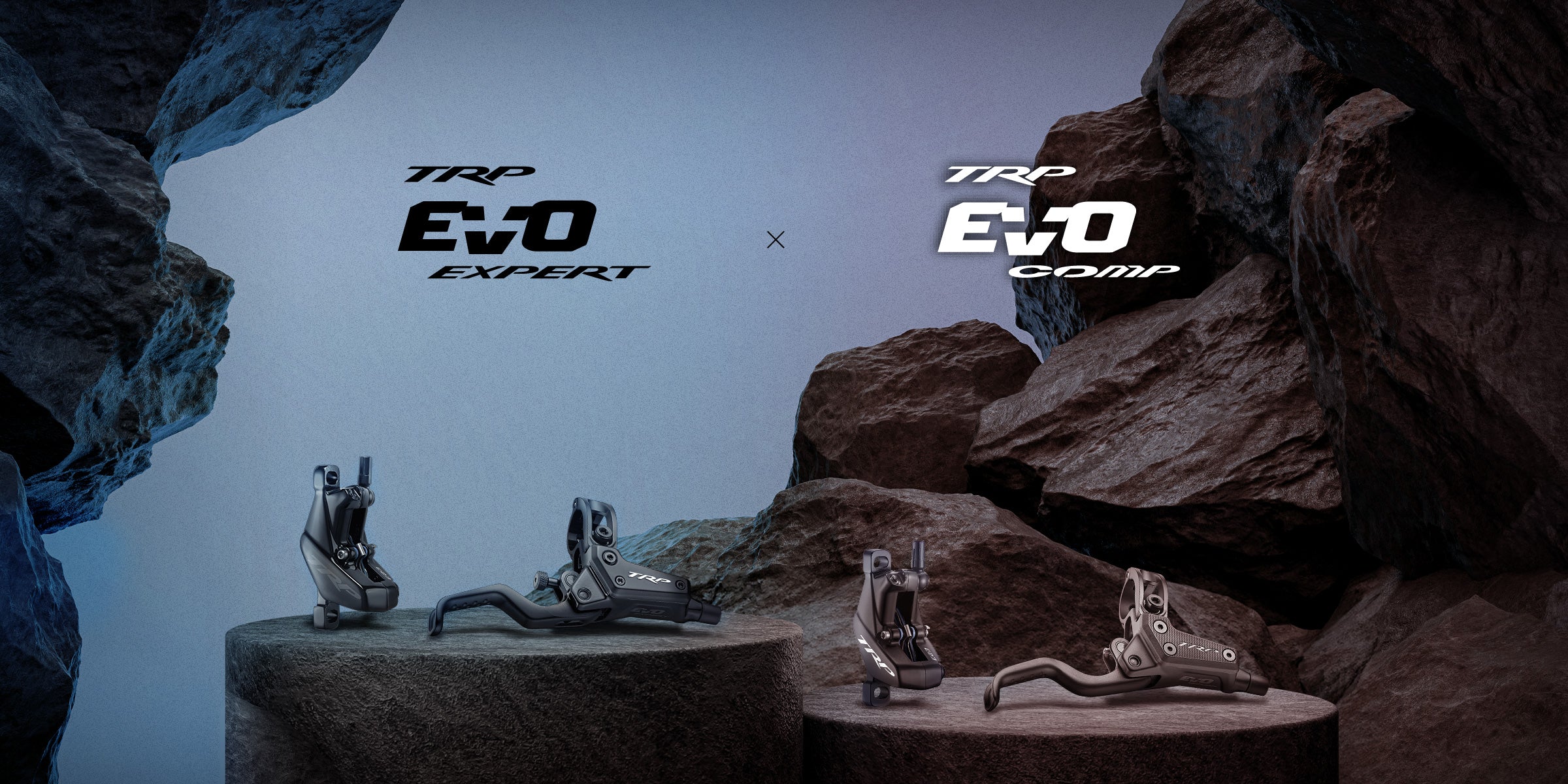 TRP EVO brake levers on display with rocky background