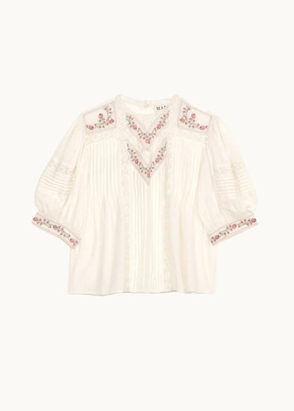 M.A.B.E Fleur Short Sleeve Top - Ecru/Multi