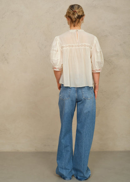 M.A.B.E Fleur Short Sleeve Top - Ecru/Multi