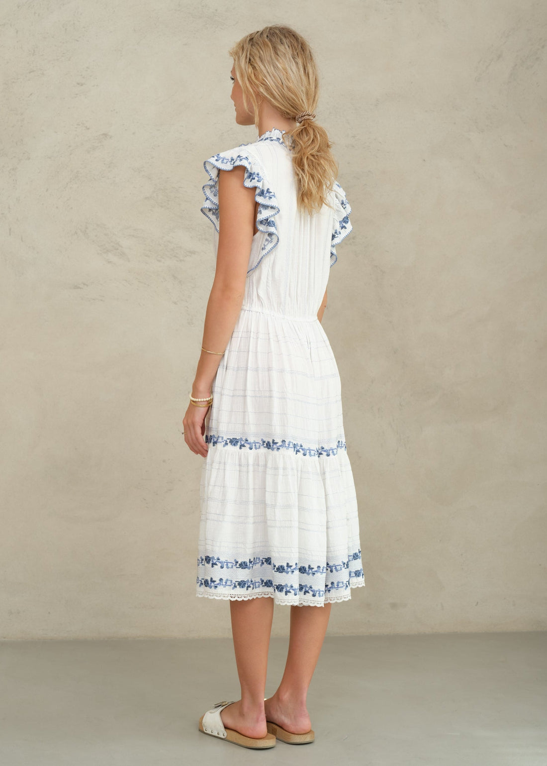M.A.B.E Halle Frill Dress  - Ecru/Blue