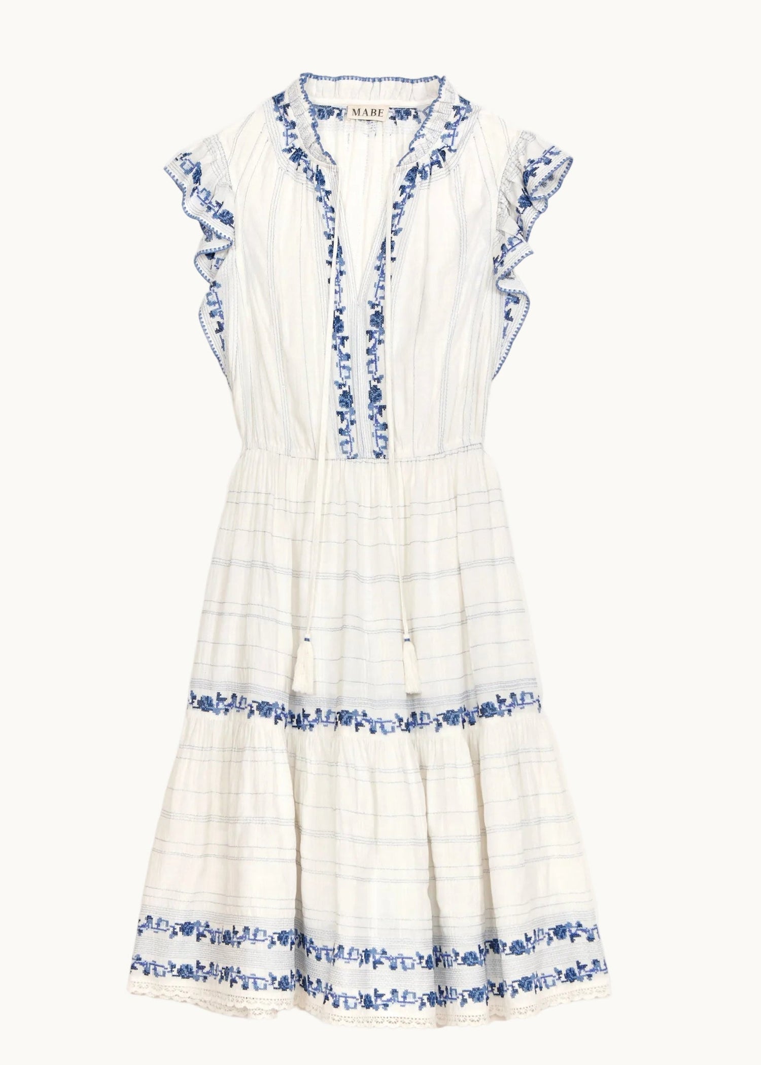 M.A.B.E Halle Frill Dress  - Ecru/Blue