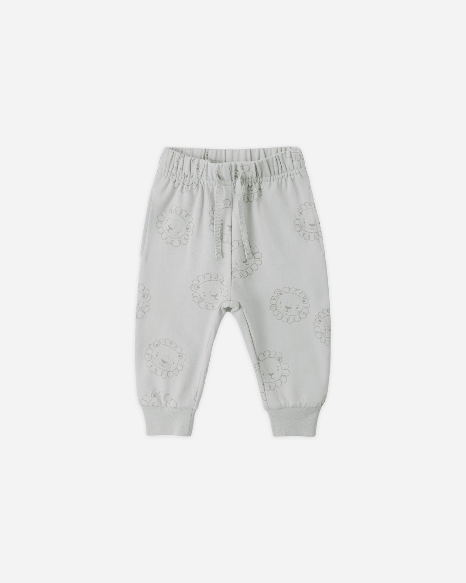 Light gray baby pants with floral patterns on a white background