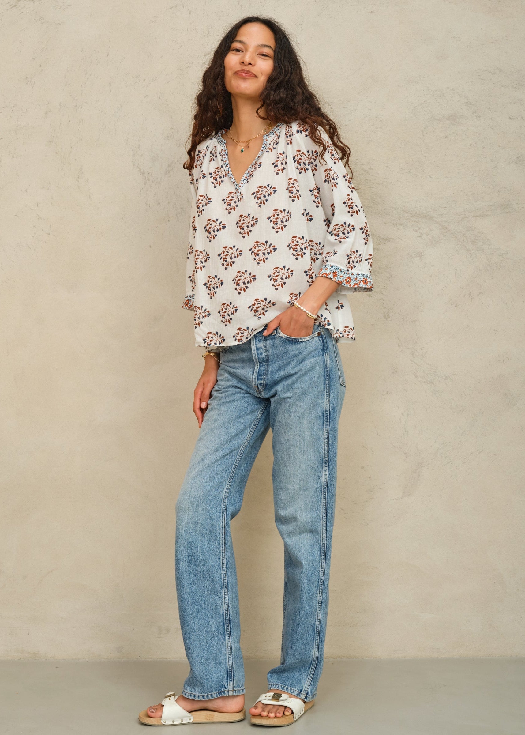 M.A.B.E Stella Long Sleeve Top - Ecru/Rust