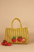 The Jacksons Tomatoes handmade jute tote bag featuring tomato appliqués and yellow striped design. Perfect for markets, beach days, and everyday carry.