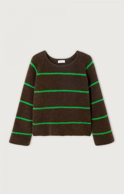 American Vintage Women’s Jumper Vitow – Marled Coffee with Clover Stripes Alpaca Wool Sweater American Vintage