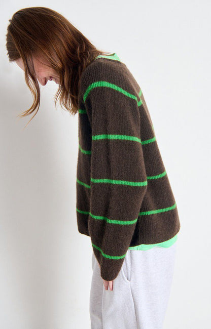 American Vintage Women’s Jumper Vitow – Marled Coffee with Clover Stripes Alpaca Wool Sweater American Vintage