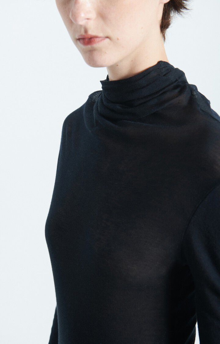 American Vintage Women’s T-Shirt Massachusetts – Black Long Sleeve Roll - Neck Supima Cotton Top American Vintage