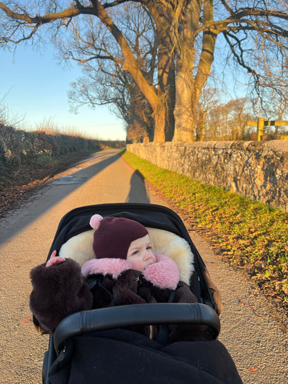 Cashmere Baby Bonnet, Kirsch with Marshmallow Pom - Pom Rosie Sugden