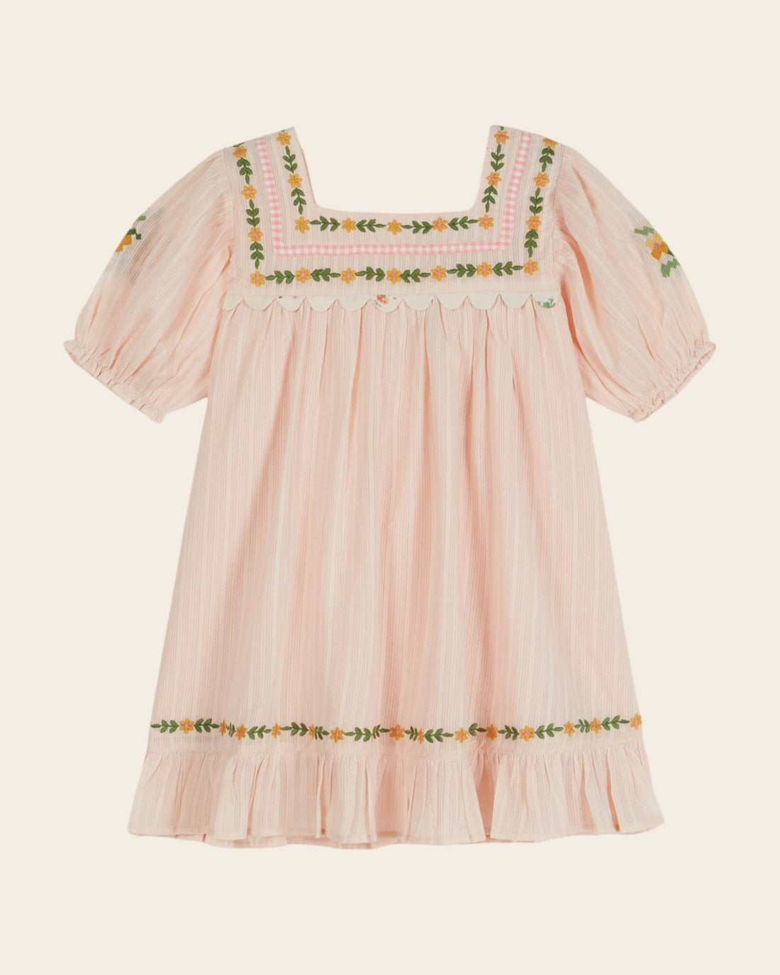 Emile et Ida Pink Floral Embroidered Dress – Cotton Girls Puff Sleeve Dress Emile et ida