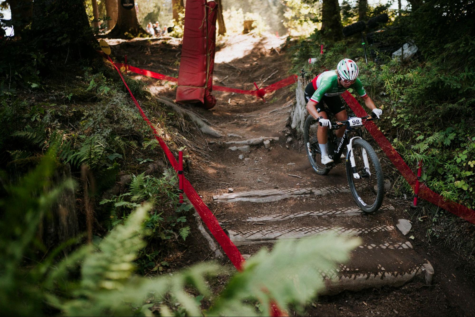 A mountain biker in a green jersey and white helmet navigates a dirt stair trail in a forest, with red safety barriers lining the path.