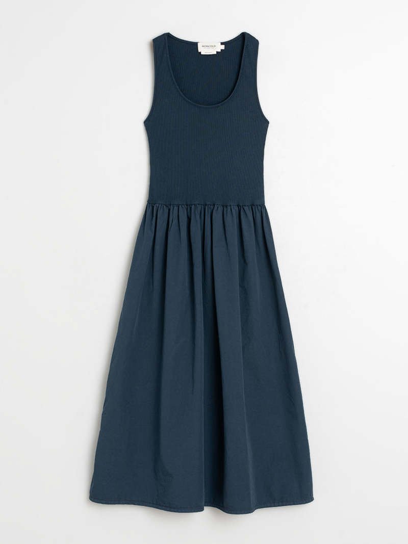 Indi &amp; Cold Navy Poplin Midi Dress – Ribbed Bodice Cotton INDI&amp;COLD