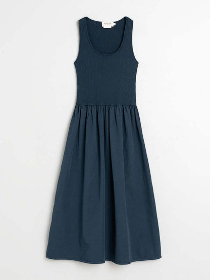 Indi &amp; Cold Navy Poplin Midi Dress – Ribbed Bodice Cotton INDI&amp;COLD