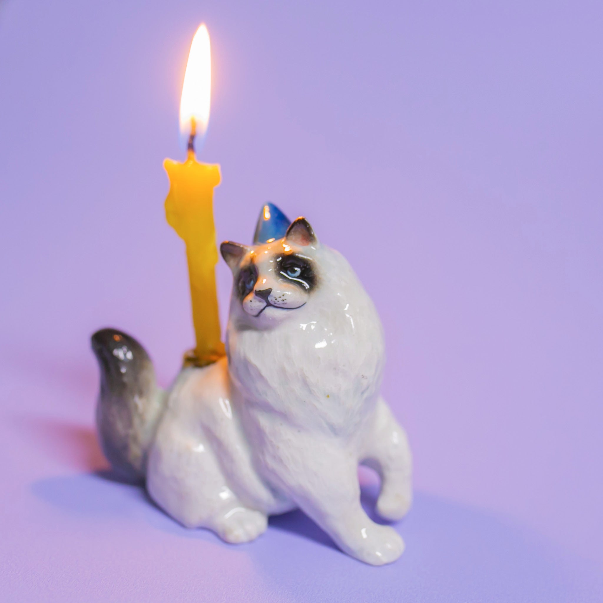 Camp Hollow Ragdoll Cat Birthday Candle Holder | Porcelain Cake Topper