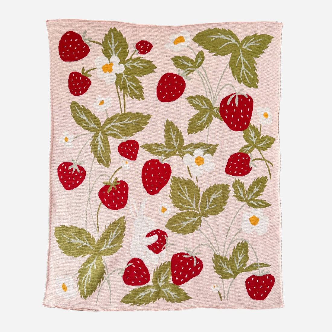 The Blueberry Hill Strawberry Bunny baby blanket with strawberry print