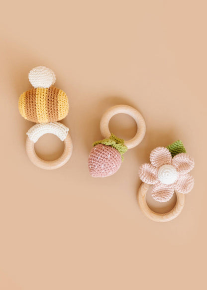 The Blueberry Hill - Cotton Crochet Rattle Teether Flower Baby Toy Spring Summer The Blueberry Hill