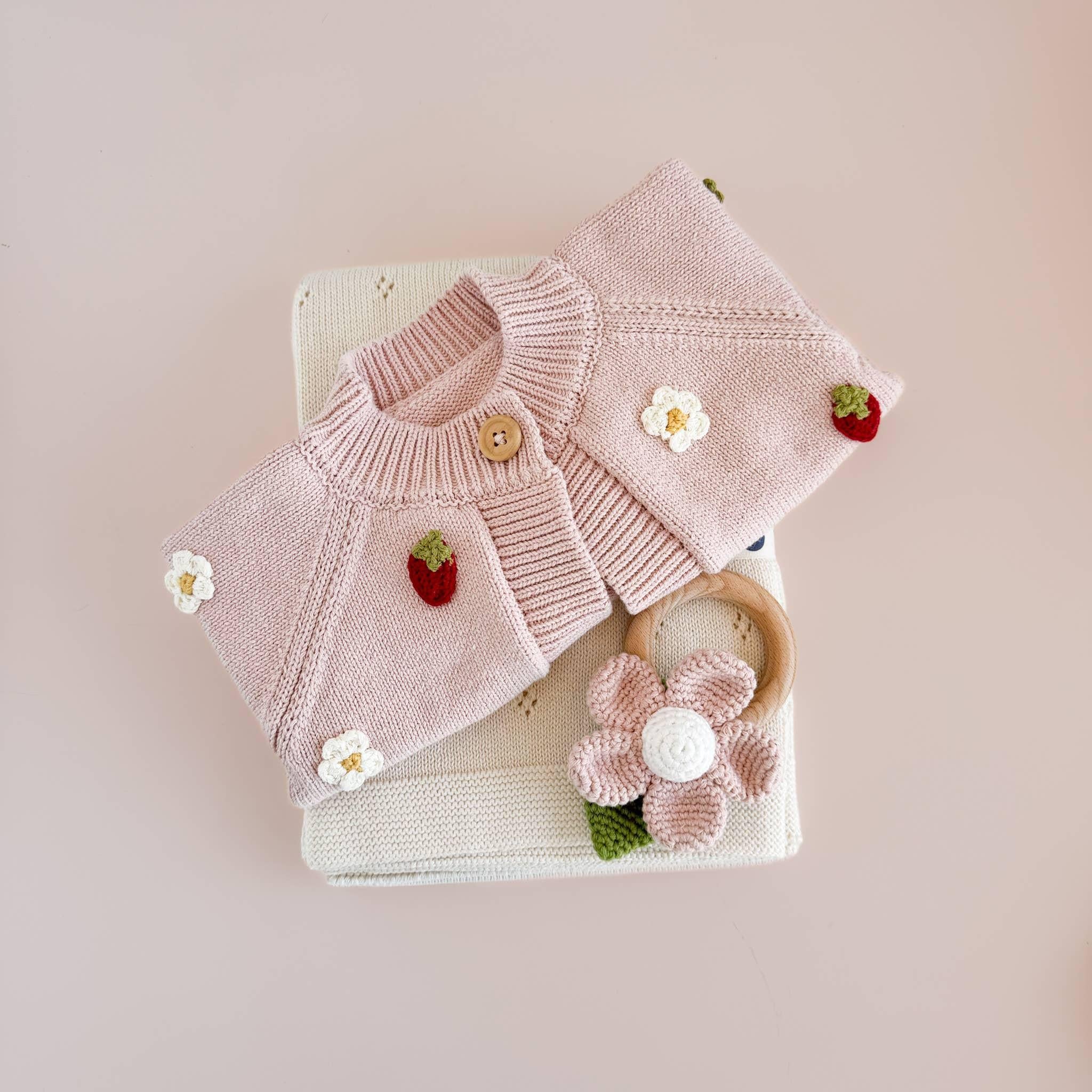 The Blueberry Hill - Cotton Crochet Rattle Teether Flower Baby Toy Spring Summer The Blueberry Hill