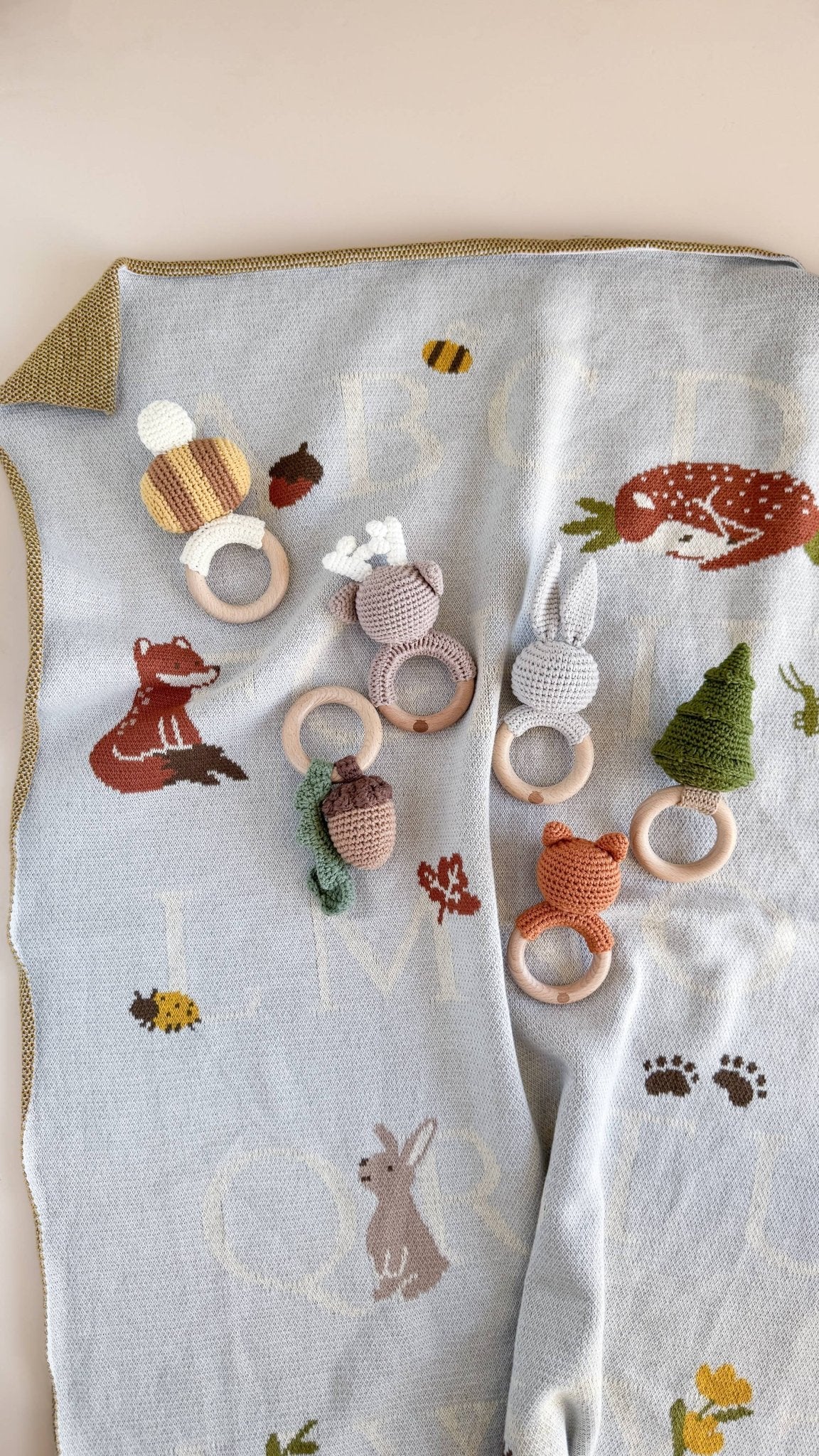 Blueberry Hill Grey Bunny Crochet Baby Teether &amp; Rattle