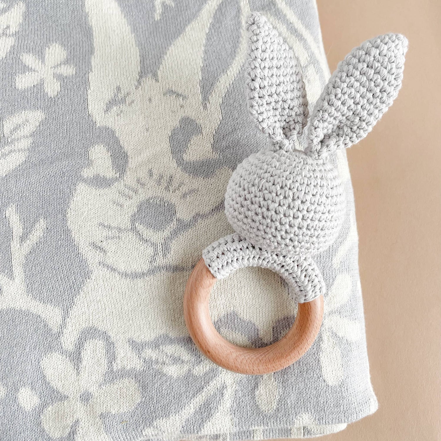 Blueberry Hill Grey Bunny Crochet Baby Teether &amp; Rattle 