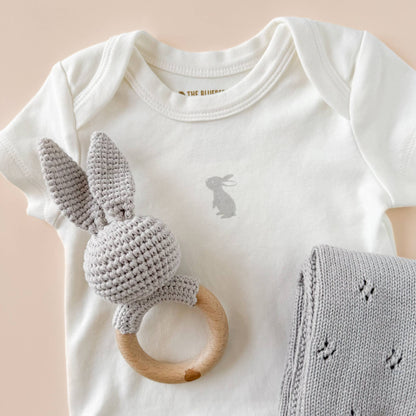 Blueberry Hill Grey Bunny Crochet Baby Teether &amp; Rattle 