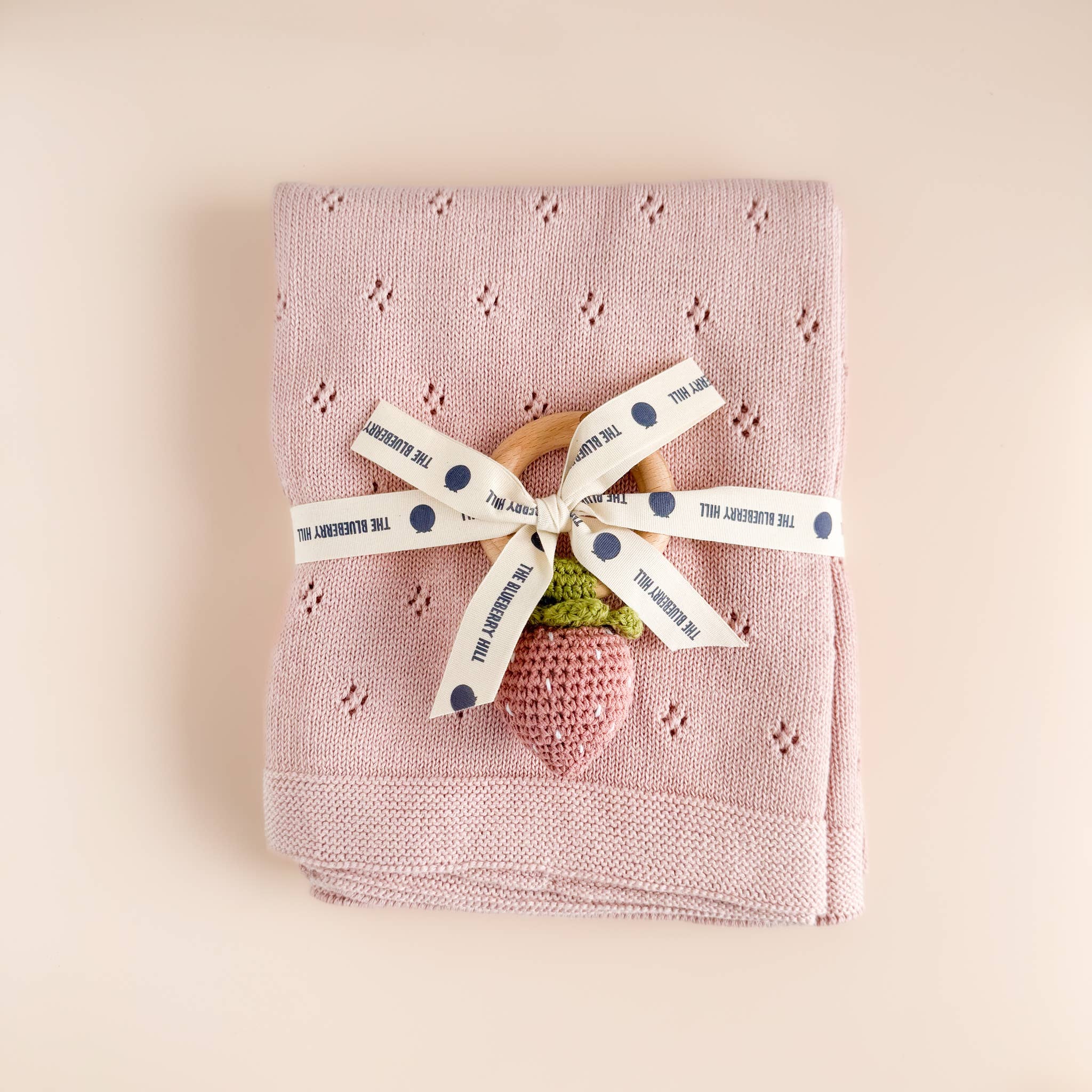 The Blueberry Hill - Teether Strawberry Pink Crochet Rattle Baby Toy Spring The Blueberry Hill
