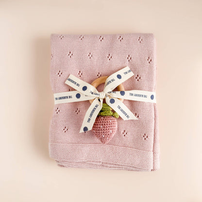 The Blueberry Hill - Teether Strawberry Pink Crochet Rattle Baby Toy Spring The Blueberry Hill