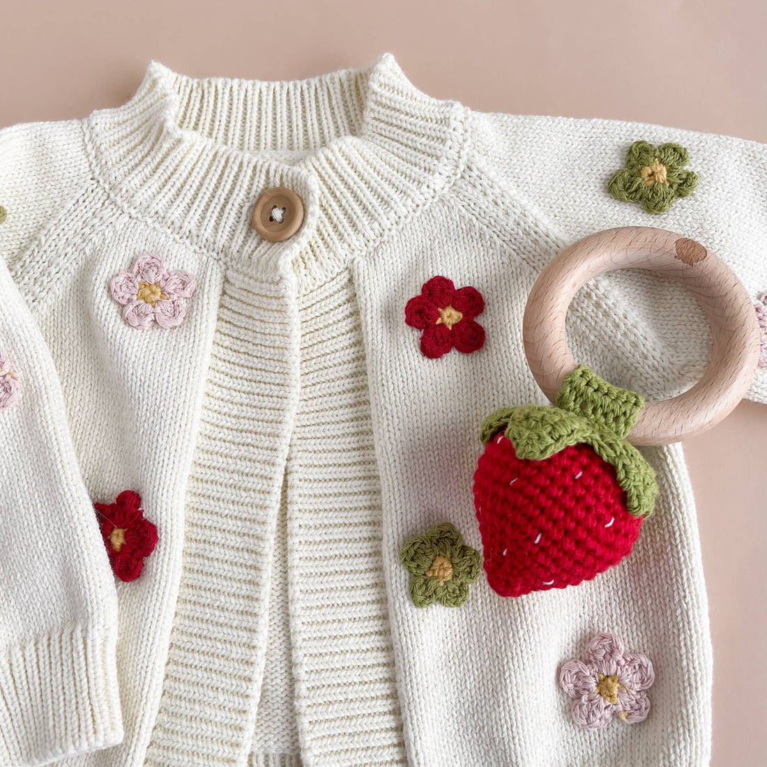 The Blueberry Hill - Teether Strawberry Red Cotton Crochet Rattle Baby Toy : In Stock The Blueberry Hill